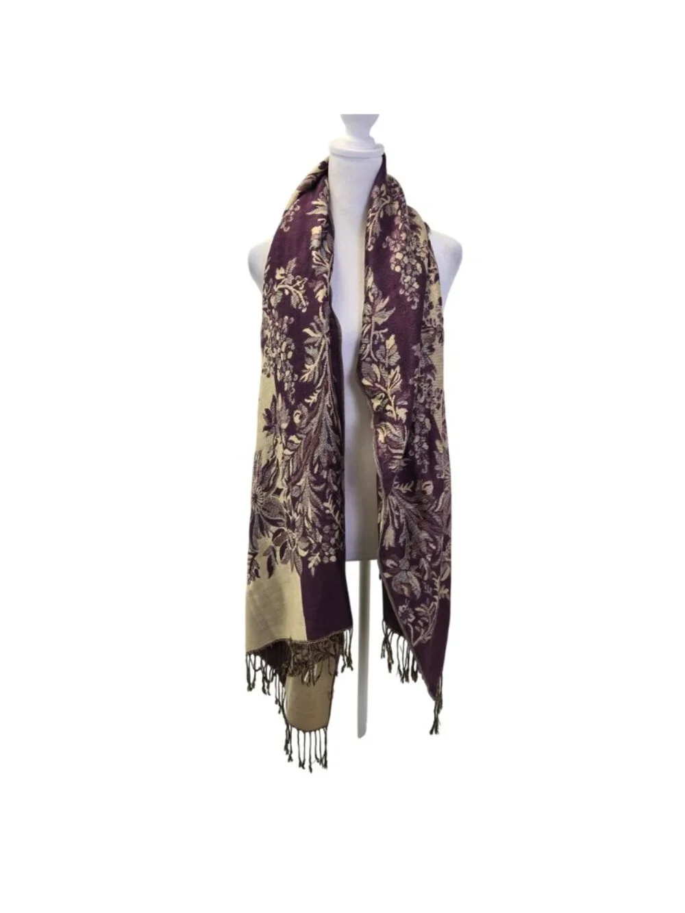 Pashmina Silk & Pashmina Blend Fringe Trim Floral Wrap Scarf